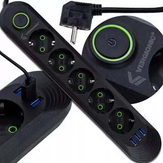 Predlžovací kábel USB napájací pás prepäťovej ochrany 5 zásuviek s vypínačmi